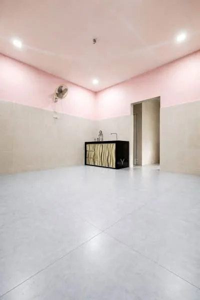 Room features: pink painted walls, beige tiled walls, grey tile flooring, ceiling fan, single-bowl sink, black cabinetry with decorative front, doorway leading to another room, recessed lighting; style: modern.