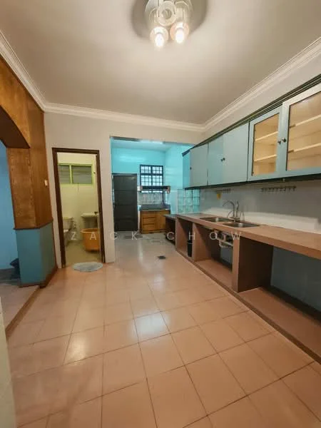 Kitchen features: light blue painted walls, cream tiled flooring, wood cabinetry with glass-front upper cabinets, countertop with sink, single-bowl stainless-steel sink, chrome pull-down faucet, open shelving, recessed ceiling lights, window with grid pattern, doorway leading to another room; style: traditional.