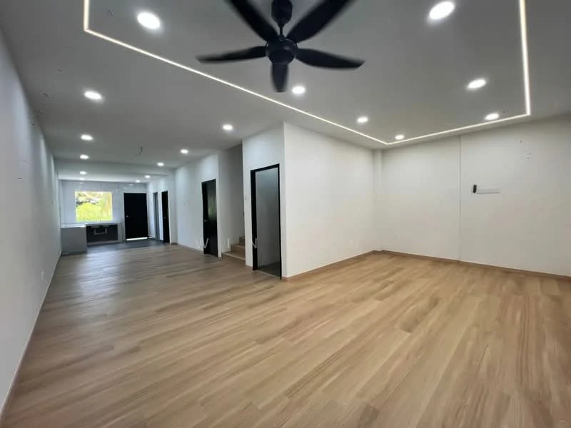 Living features: light wood laminate flooring, white painted walls, recessed LED downlights, 5-blade ceiling fan, large window with natural light, open layout, no visible furniture, neutral color scheme; style: modern; view: garden. Kitchen features: open kitchen layout, black cabinetry, counter space, kitchen island, no visible appliances; style: modern.