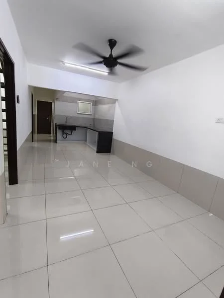 Room features: white painted walls, glossy ceramic tile flooring, ceiling fan, recessed lighting, kitchenette with countertop, single-bowl stainless-steel sink, wall-mounted cabinets, open layout; style: modern.