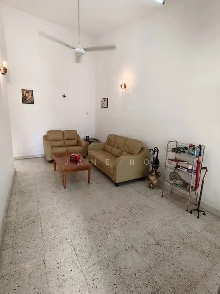 Living features: 2-seater beige leather sofa, 3-seater beige leather sofa, wooden coffee table, ceiling fan, wall-mounted light fixtures, white painted walls, tile flooring, decorative wall art, metal shelving unit with various items; style: traditional.
