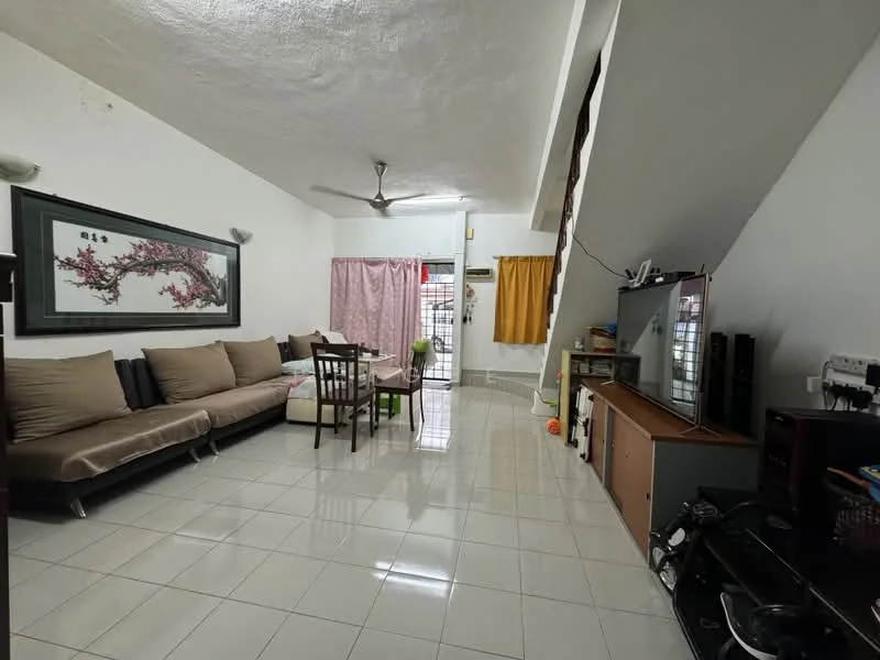 Living features: L-shape sectional sofa in beige, coffee table, wall-mounted TV, TV console, white painted walls, glossy white tile flooring, ceiling fan, curtains in pink and yellow, dining table with chairs, sliding glass door, decorative wall art; style: modern.