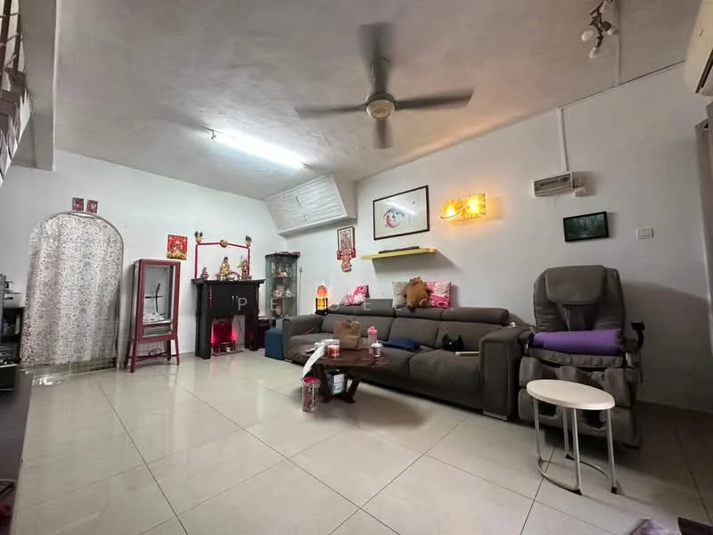 Living features: grey fabric sofa, wooden coffee table, ceiling fan, wall-mounted air conditioning unit, white painted walls, tile flooring, decorative wall art, floor lamp, curtains, armchair, shelves with decorative items; style: contemporary.