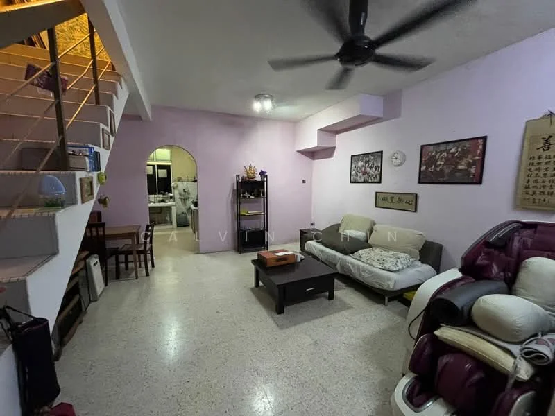 Living features: light purple painted walls, tile flooring, 5-blade ceiling fan, sofa with cushions, coffee table, wall-mounted artwork, decorative wall clock, dining table with chairs, staircase leading to upper level, recessed lighting; style: modern.