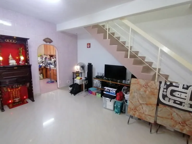 Living features: white painted walls, marble tile flooring, staircase with metal railing, wall-mounted TV, entertainment unit, decorative cabinet, floor lamp, various storage boxes, decorative screen, open archway to kitchen, ceiling light fixture; style: modern. Kitchen features: wood cabinetry, countertop with appliances, open layout to living area.