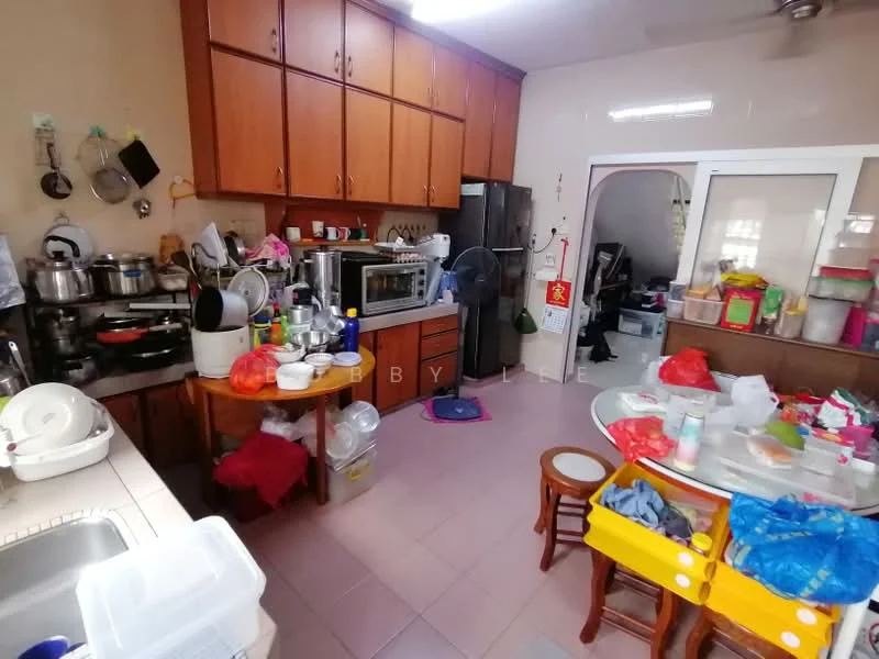 Kitchen features: wood cabinetry, stainless-steel sink, built-in microwave, freestanding refrigerator, 4-burner gas hob, exhaust hood, ceramic tile flooring, ceiling fan, dining table, plastic storage containers, various kitchen utensils, plastic bags, colorful storage bins.