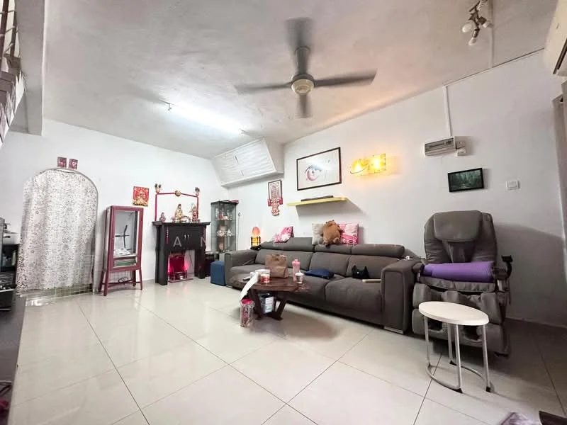 Living features: grey fabric sofa, 3-seater sofa, coffee table, white tiled flooring, ceiling fan, wall-mounted air conditioning unit, decorative wall art, floor lamp, curtains, wall-mounted shelf, armchair, decorative items on shelves; style: modern.