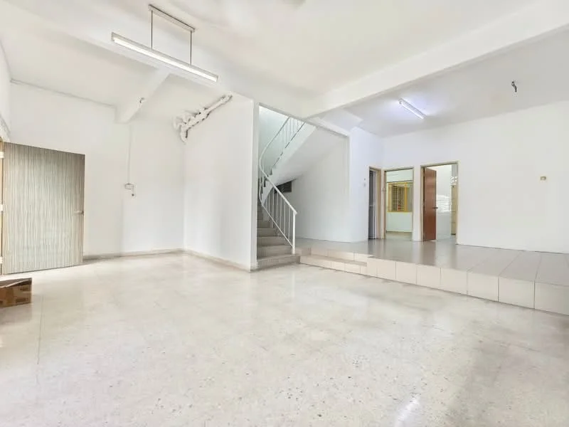 Room features: white painted walls, tile flooring, staircase with metal railing, high ceiling, recessed lighting, open layout, large windows, neutral color scheme; style: modern.