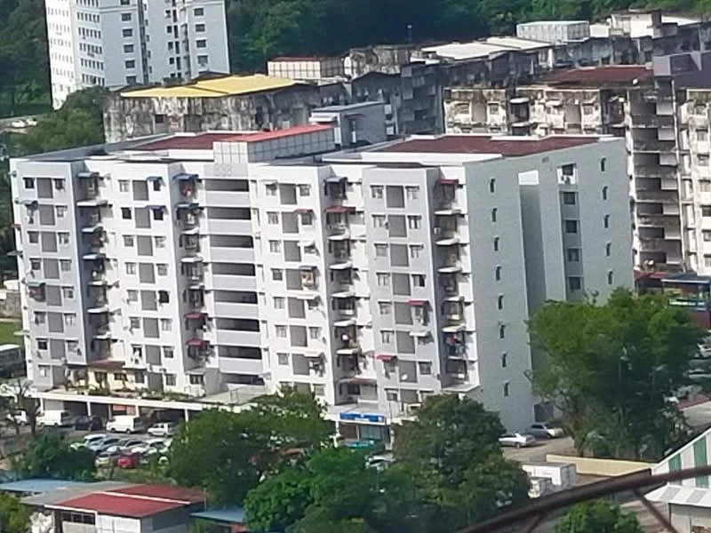 Exterior type: mid-rise condominium; features: grey painted facade, flat roof, approximately 5-storey, balconies with railings, visible parking area, surrounded by greenery, multiple windows on each floor, car parking lot at the base; style: modern.