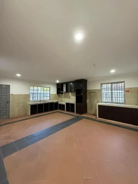 Kitchen features: dark wood cabinetry, white countertop, double-bowl stainless-steel sink, chrome pull-down faucet, built-in oven, freestanding range oven, ceramic tile flooring in beige, tile backsplash, windows with security bars, recessed downlights, open layout, corner pantry, space for refrigerator; style: modern.