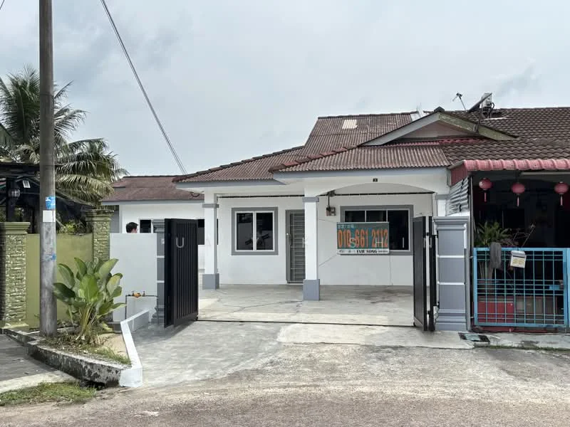 Exterior type: detached bungalow; features: single-storey, white painted facade, red tiled roof, manicured lawn, paved driveway, gated entrance, front porch, surrounded by greenery, visible windows, decorative lanterns, fence with gate; style: modern.
