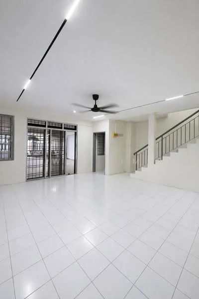 Living features: white painted walls, glossy white tile flooring, 5-blade ceiling fan with light, recessed LED downlights, floor-to-ceiling windows, sliding glass door, open layout, staircase with metal railing; style: modern.