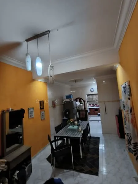 Dining features: orange painted walls, white ceiling with crown moulding, 3-blade ceiling fan, hanging pendant lights, black dining table, 4 black dining chairs, marble tile flooring, decorative wall art, open doorway to kitchen, wall-mounted clock; style: traditional.