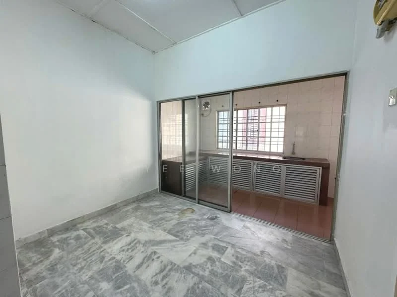 Room features: white painted walls, marble tile flooring, sliding glass door, window with grid, kitchen cabinetry with slatted doors, countertop, sink, kitchen backsplash, light fixture, exposed ceiling.