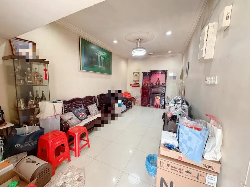 Living features: white painted walls, glossy tile flooring, recessed ceiling lights, ceiling rose, 3-seater fabric sofa in dark brown, 2-seater fabric sofa in beige, wooden display cabinet, wooden sideboard, decorative wall art, area rug with circular pattern, plastic stools in red, various boxes and bags, wall-mounted air conditioning unit; style: traditional.