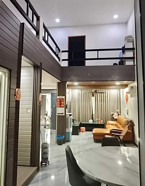 Living features: grey marble flooring, white painted walls, recessed downlights, large windows with sheer curtains, brown leather sofa, coffee table, decorative wall with artwork, open space to upper level; style: modern. Dining features: round dining table, grey dining chairs; style: modern.