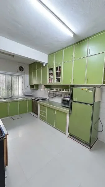 Kitchen features: green cabinetry, white tiled backsplash, stainless-steel sink, chrome faucet, built-in oven, microwave, refrigerator, countertop with storage, window for natural light, white tile flooring, ceiling lights, exhaust fan, open shelving; style: modern.