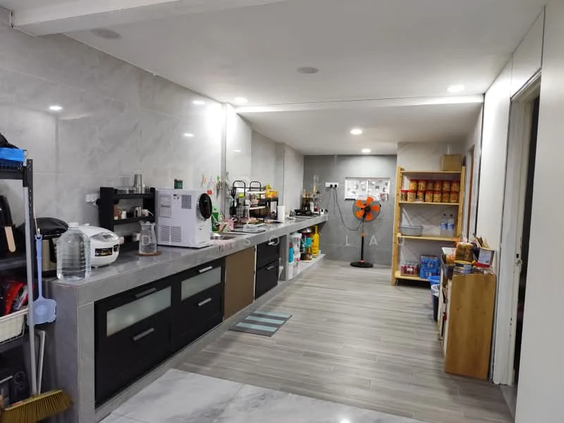 Kitchen features: grey marble backsplash, grey marble countertop, black cabinetry with flat-panel doors, stainless-steel microwave, stainless-steel rice cooker, stainless-steel kettle, black standing fan, open shelving, wooden storage cabinet, tile flooring, recessed downlights, wall-mounted kitchen accessories; style: modern.