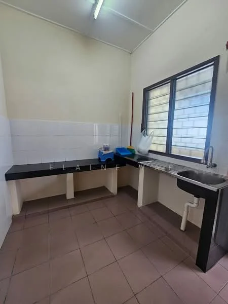 Laundry features: black countertop, white tiled backsplash, single-bowl stainless-steel sink, chrome faucet, two work surfaces, window with grid pattern, light-colored walls, pink tiled flooring.