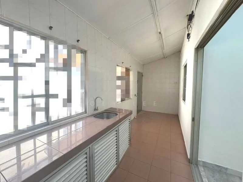 Kitchen features: single-bowl stainless-steel sink, chrome pull-down faucet, pink laminate countertop, white tiled walls, white cabinetry with slatted doors, ceramic tile flooring, large windows for natural light, open layout, high ceiling; style: modern.