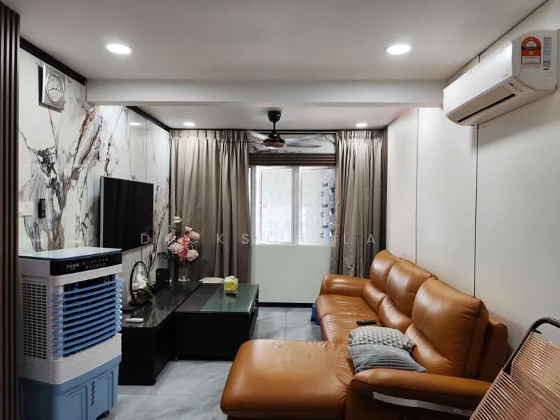 Living features: brown leather sectional sofa, black coffee table, wall-mounted TV, decorative wall clock, marble accent wall, white painted walls, recessed ceiling lights, ceiling fan, window with sheer curtains, air conditioning unit, decorative flowers in vase, grey marble flooring; style: modern.