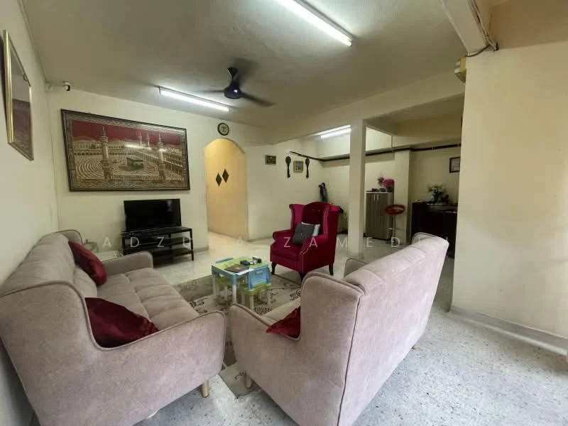 Living features: 2-seater fabric sofa in beige, 2-seater fabric sofa with red cushions, coffee table, wall-mounted TV, ceiling fan, recessed lighting, decorative artwork on wall, tile flooring, neutral wall color, arched doorway, small side table, plant in pot; style: traditional.