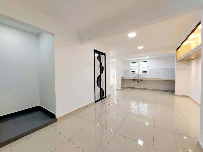 Room features: white painted walls, glossy ceramic tile flooring, recessed downlights, black framed glass door, open layout, kitchen area with countertop, large windows for natural light, neutral color scheme; style: modern.