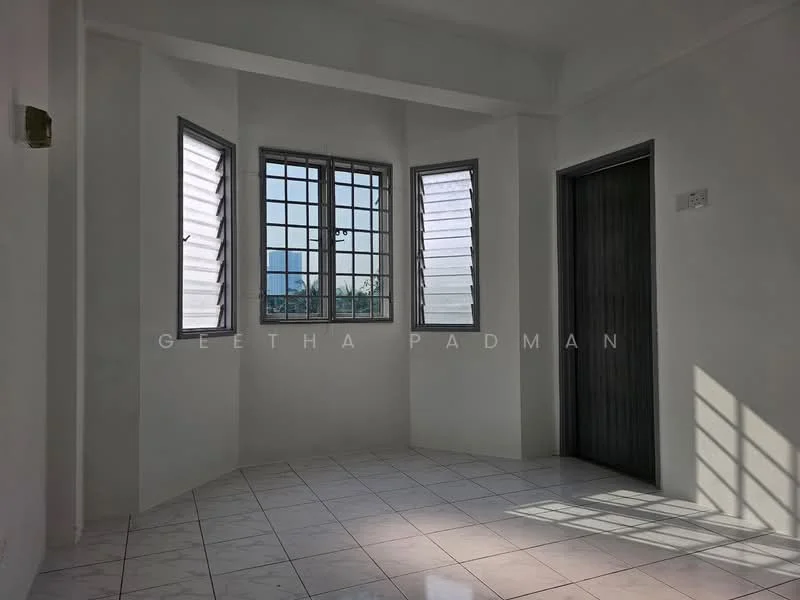 Room features: white painted walls, marble tile flooring, floor-to-ceiling windows, sliding windows with metal frames, natural light from windows, corner room, light switch on wall, wooden door, window treatments not visible; style: modern; view: city.