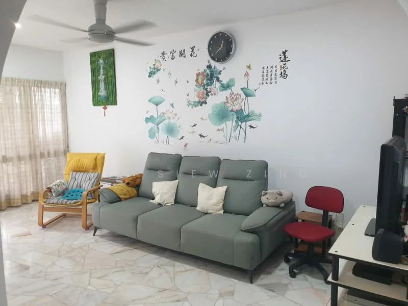Living features: 3-seater fabric sofa in grey, marble tile flooring, wall clock, decorative wall mural with floral design, sheer curtains, ceiling fan, wooden rocking chair, area rug, TV console, entertainment unit; style: modern.