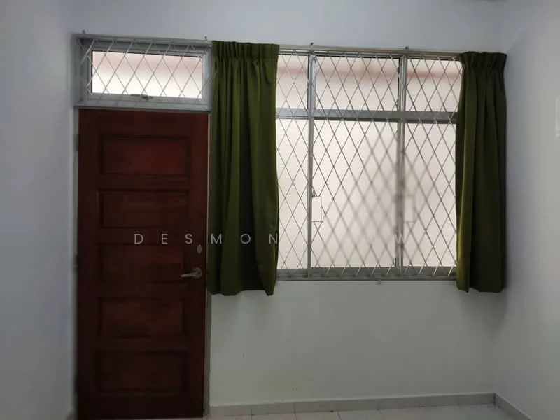 Room features: wooden door with multiple panels, green curtains, metal window with diamond grille, white painted walls, tile flooring.