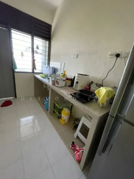 Kitchen features: white painted walls, glossy tile flooring, single-bowl stainless-steel sink, chrome pull-down faucet, kitchen countertop, built-in cabinets, stainless-steel fridge, microwave, electric kettle, various kitchen utensils, yellow plastic container, red dishcloth, window with horizontal slats.