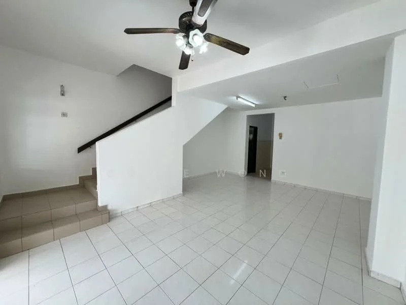 Living features: white painted walls, ceramic tile flooring, 5-blade ceiling fan with light, staircase with wooden handrail, open layout, large windows for natural light, no visible furniture, neutral color scheme; style: modern.