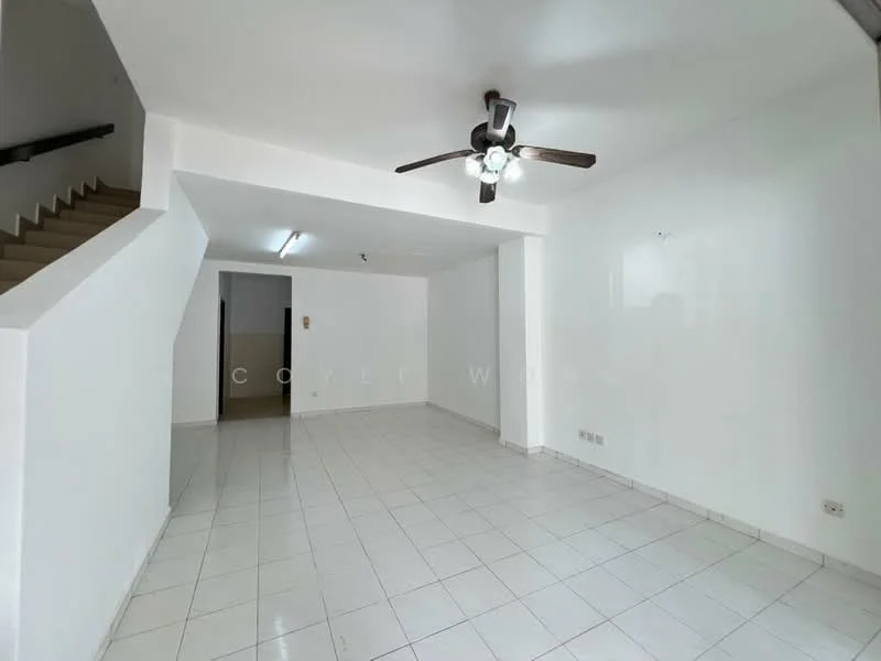 Room features: white painted walls, ceramic tile flooring, ceiling fan, staircase, recessed lighting, open layout, no visible furniture, large open space; style: minimalist.