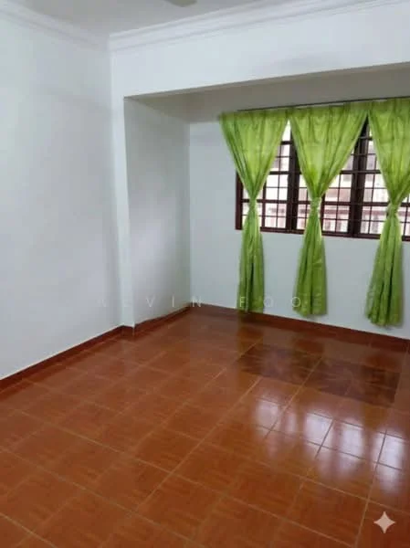 Room features: white painted walls, brown ceramic tile flooring, green sheer curtains, square windows with grid design, ceiling with crown moulding, natural light from windows; style: minimalist.