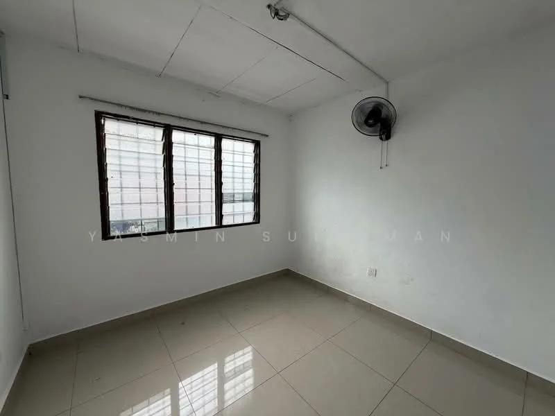 Room features: white painted walls, glossy ceramic tile flooring, single ceiling fan, large window with metal grille, natural light from window, plain ceiling, no visible furniture, neutral color scheme; style: minimalist.