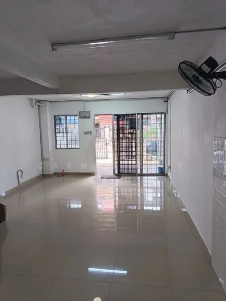Room features: white painted walls, glossy ceramic tile flooring, ceiling with fluorescent lights, sliding glass door, security grille, window with metal bars, air conditioning unit, open layout; style: modern; view: street.