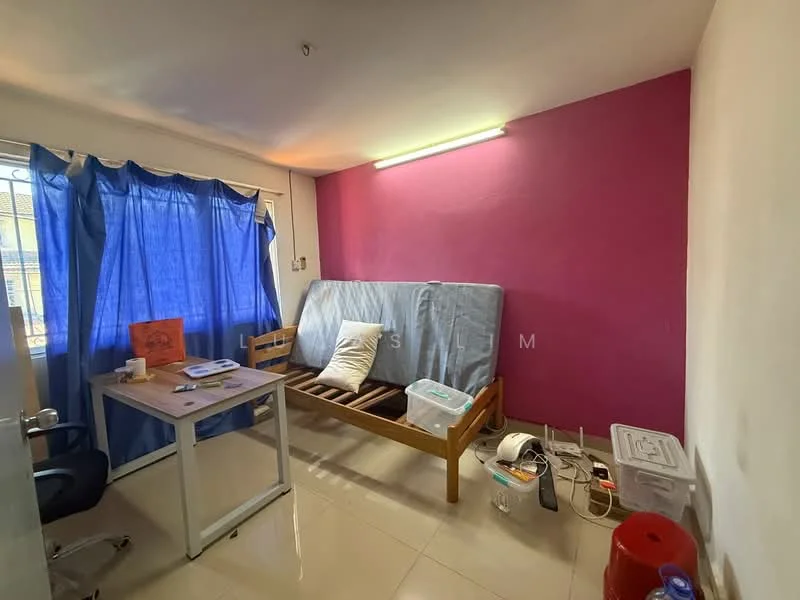 Room features: pink accent wall, white painted walls, tile flooring, single bed frame without mattress, desk with chair, blue curtains, LED ceiling light, plastic storage containers, water dispenser, power outlet; style: minimalist.