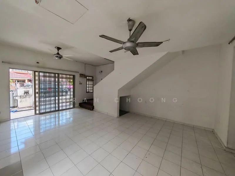Living features: white painted walls, ceramic tile flooring, exposed beams on ceiling, 2 ceiling fans, large sliding glass door, grill gate, staircase leading to upper floor, natural light from windows, open layout; style: modern; view: garden.