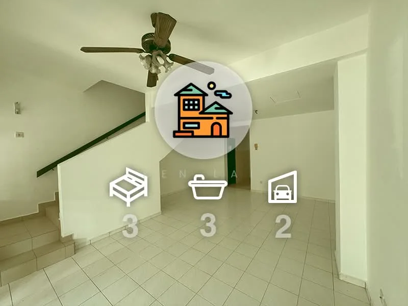 Living features: white painted walls, ceramic tile flooring, 5-blade ceiling fan with light, staircase with green railing, large open space, natural light from windows, no visible furniture, neutral color scheme; style: modern.