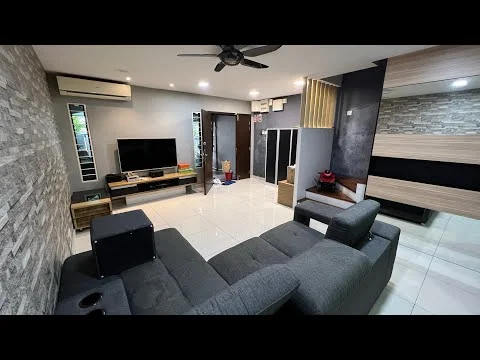 Living features: grey fabric sectional sofa, flat-screen TV on wooden console, stone accent wall, white tiled flooring, ceiling fan, recessed lighting, wall-mounted storage cabinets, open layout to hallway, large window for natural light, decorative wall paneling; style: modern.