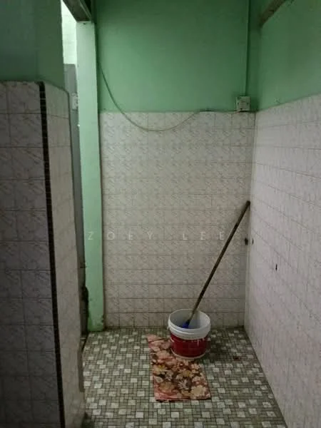 Room features: green painted walls, white tiled walls, mosaic tile flooring, bucket, mop, floor mat.