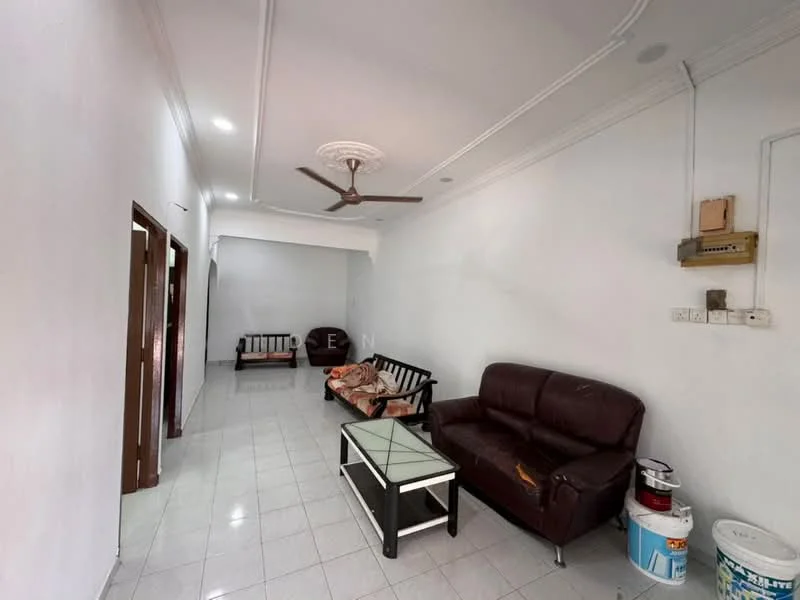 Living features: white painted walls, glossy tile flooring, 5-blade ceiling fan with light, 2-seater leather sofa in brown, 3-seater fabric sofa in black, glass coffee table, decorative wall-mounted electrical panel, wall-mounted light switches, window with no visible treatment, open space layout; style: modern.
