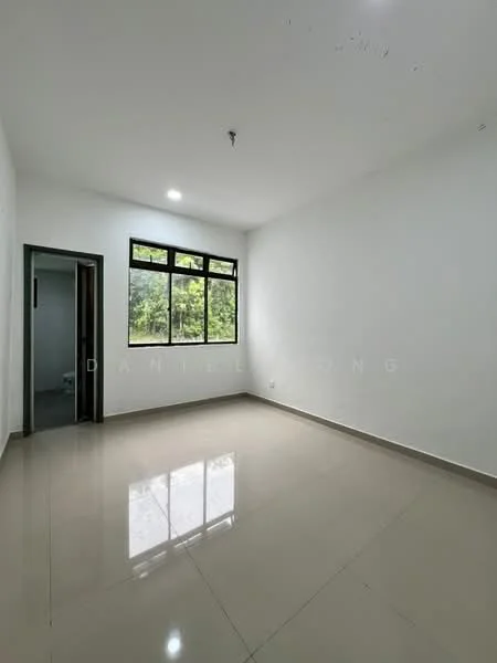 Room features: white painted walls, glossy tile flooring, large windows, ceiling light fixture, doorway leading to another room, natural light from windows, no visible furniture, neutral color scheme; style: minimalist; view: garden.