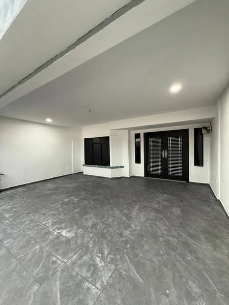 Room features: grey tiled flooring, white painted walls, recessed downlights, large glass windows, double doors with black frames, open layout, no visible furniture, minimalist design; style: modern.