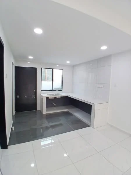 Kitchen features: white painted walls, glossy white tile backsplash, black countertop, white cabinetry, single-bowl stainless-steel sink, chrome pull-down faucet, floor-to-ceiling window, grey porcelain tile flooring, recessed LED downlights; style: modern.