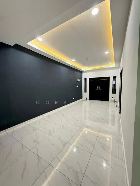 Living features: white painted walls, dark accent wall, marble tile flooring, recessed downlights, tray ceiling with LED strip lighting, floor-to-ceiling entrance door, open layout, no visible furniture; style: modern.