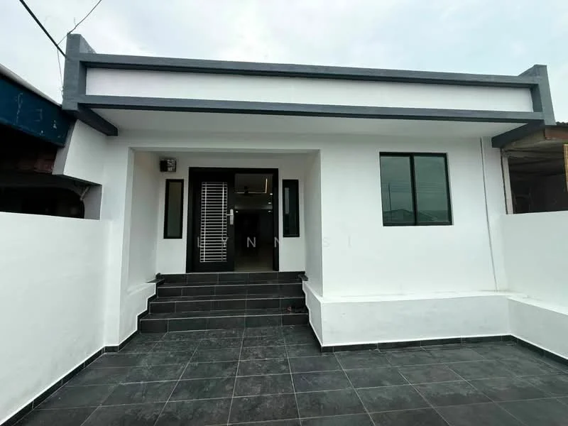 Exterior type: detached bungalow; features: white painted facade, flat roof, black tiled flooring, steps leading to entrance, two large windows, metal grille door, minimalist design, surrounding white walls; style: modern.