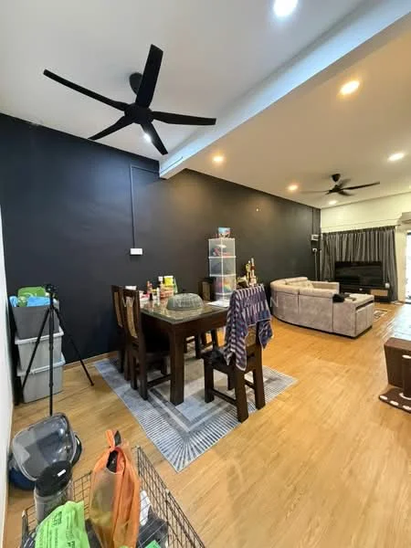 Living features: wooden flooring, black accent wall, recessed downlights, 2 ceiling fans, dining table with 6 chairs, glass display cabinet, sofa set in light grey, area rug, curtains, decorative items on table; style: modern.