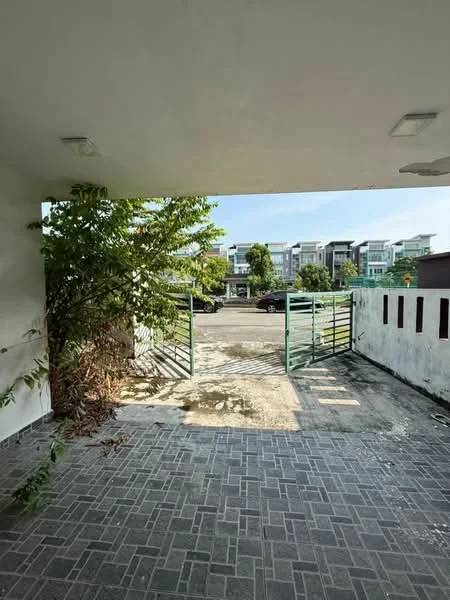 Exterior features: paved driveway, metal gate, surrounding greenery, sunlight casting shadows, open view of the street, concrete wall, low-maintenance landscaping; style: modern.