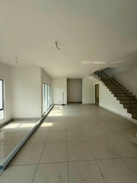 Room features: white painted walls, tile flooring, large floor-to-ceiling windows, staircase, recessed ceiling lights, open layout, no visible furniture, neutral color palette; style: modern.